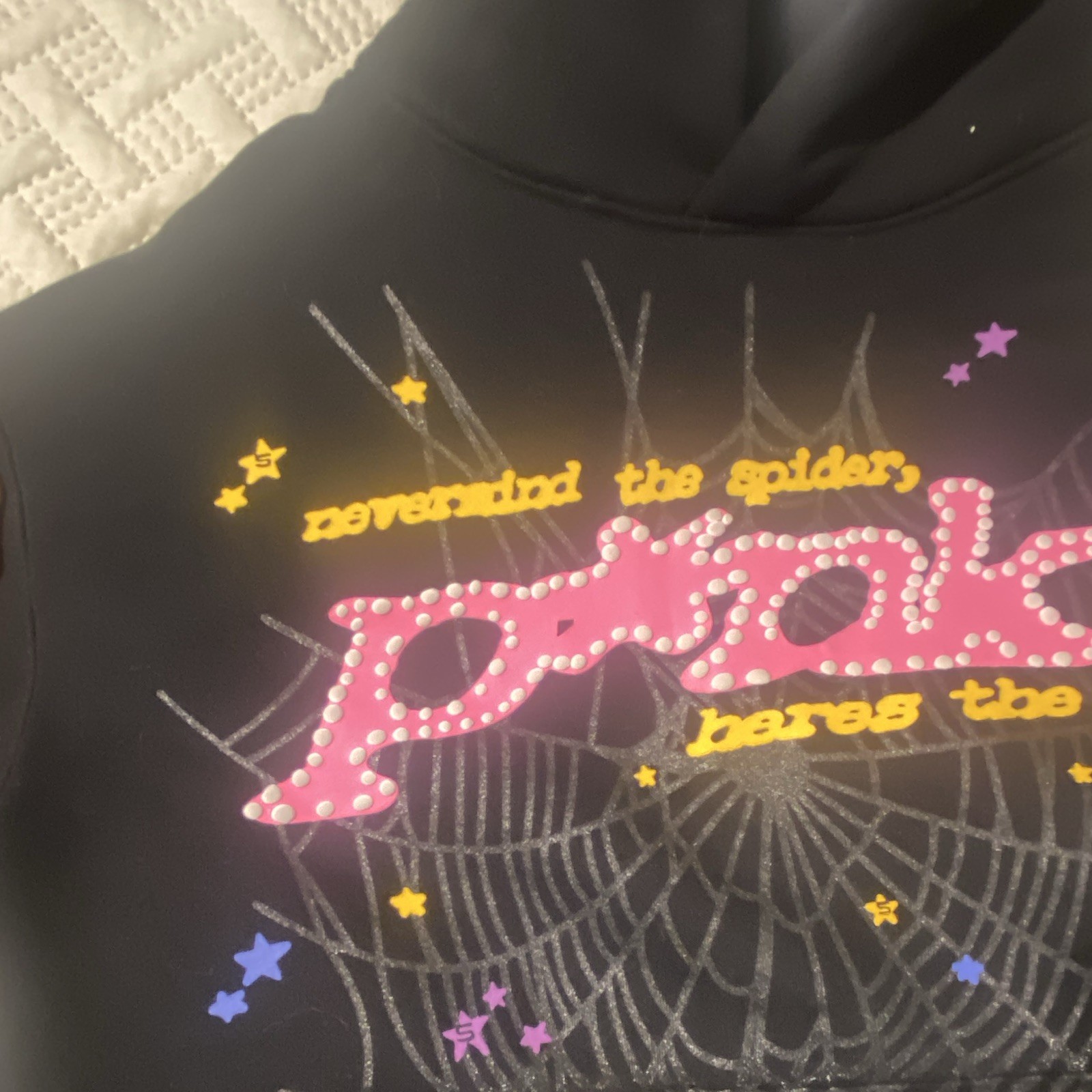 sp5der Black Pullover Hoodie Teens S Spider Web Graphic Rhinestones Hooded