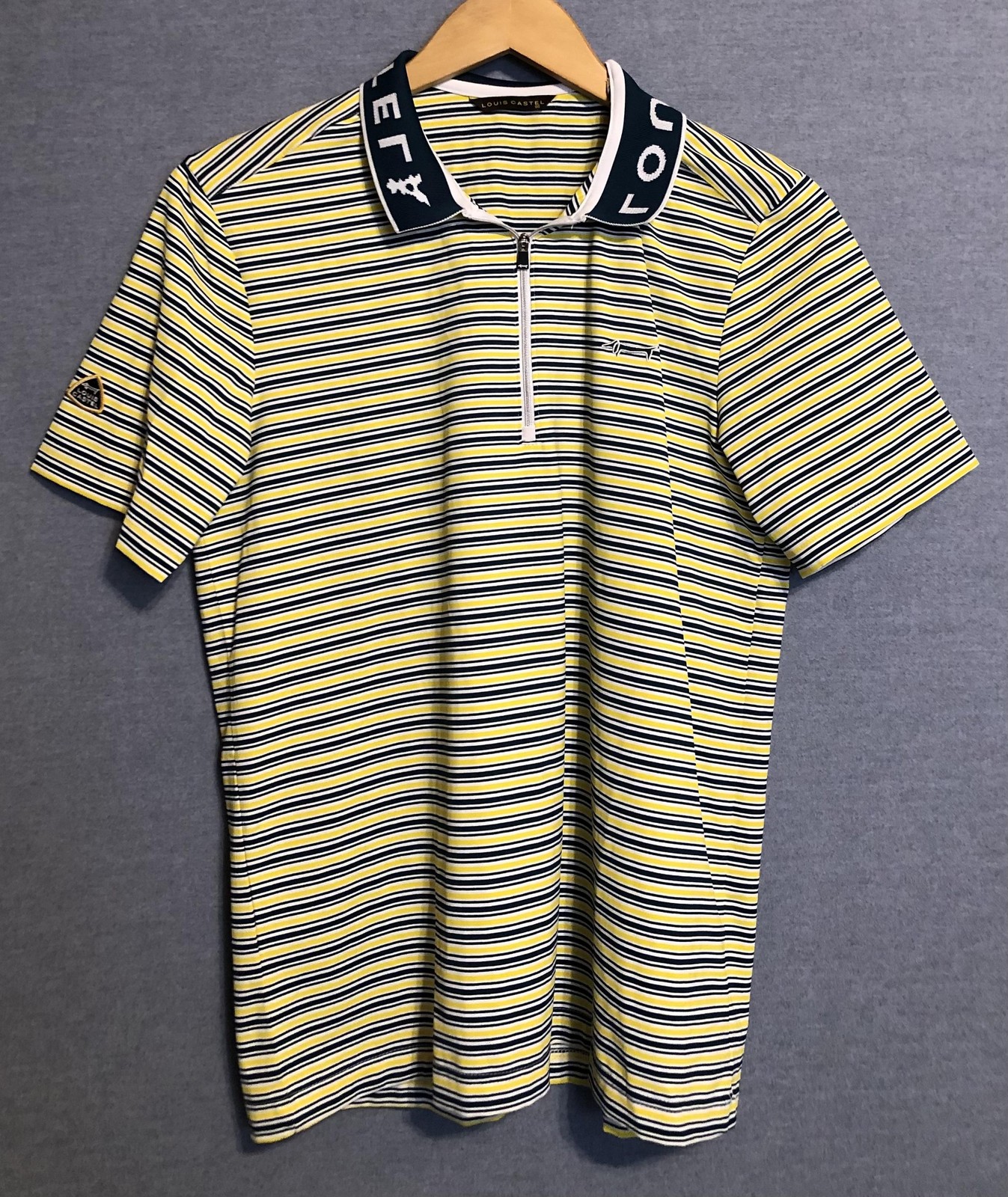Louis Castel Polo Shirt Mens M 95 Green Yellow Striped Short Sleeve 1/4 Zip Golf