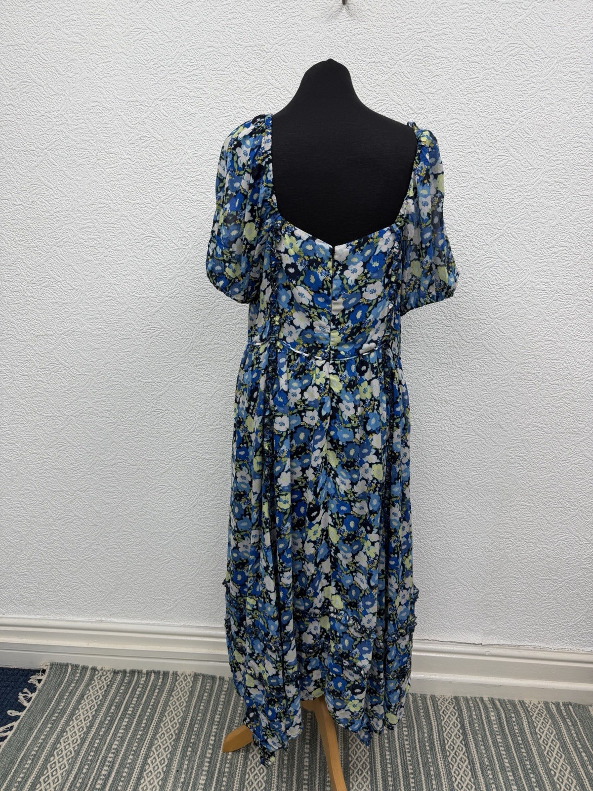 Monsoon Size 16 Dress Blue Floral Midi Maxi Prairie Cottagecore Puff Sleeve
