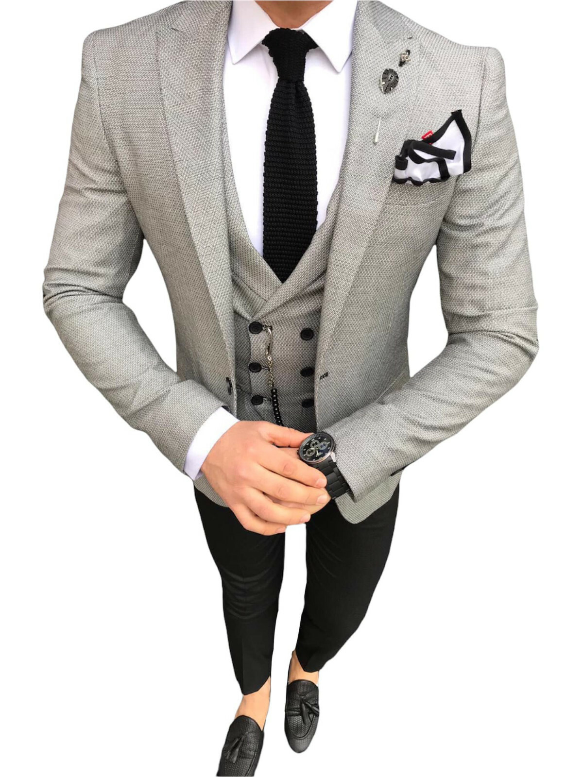 DESIGNER BUSINESS GREY CHECK MENS SUIT SPORT COAT TROUSERS WAISTCOAT FITTED SLIM FIT