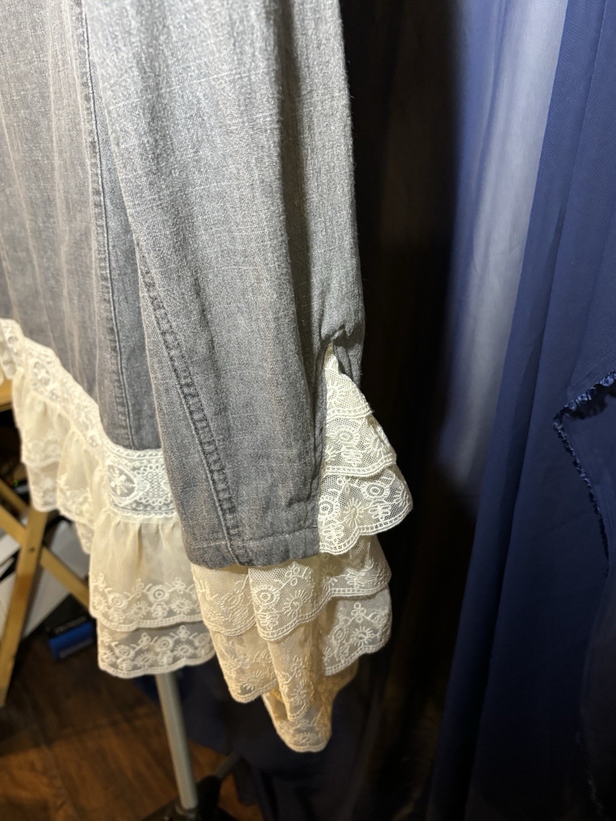Gray Denim Lace Jacket With Scalloped Lace On Bottom Of Sleeves. Size M