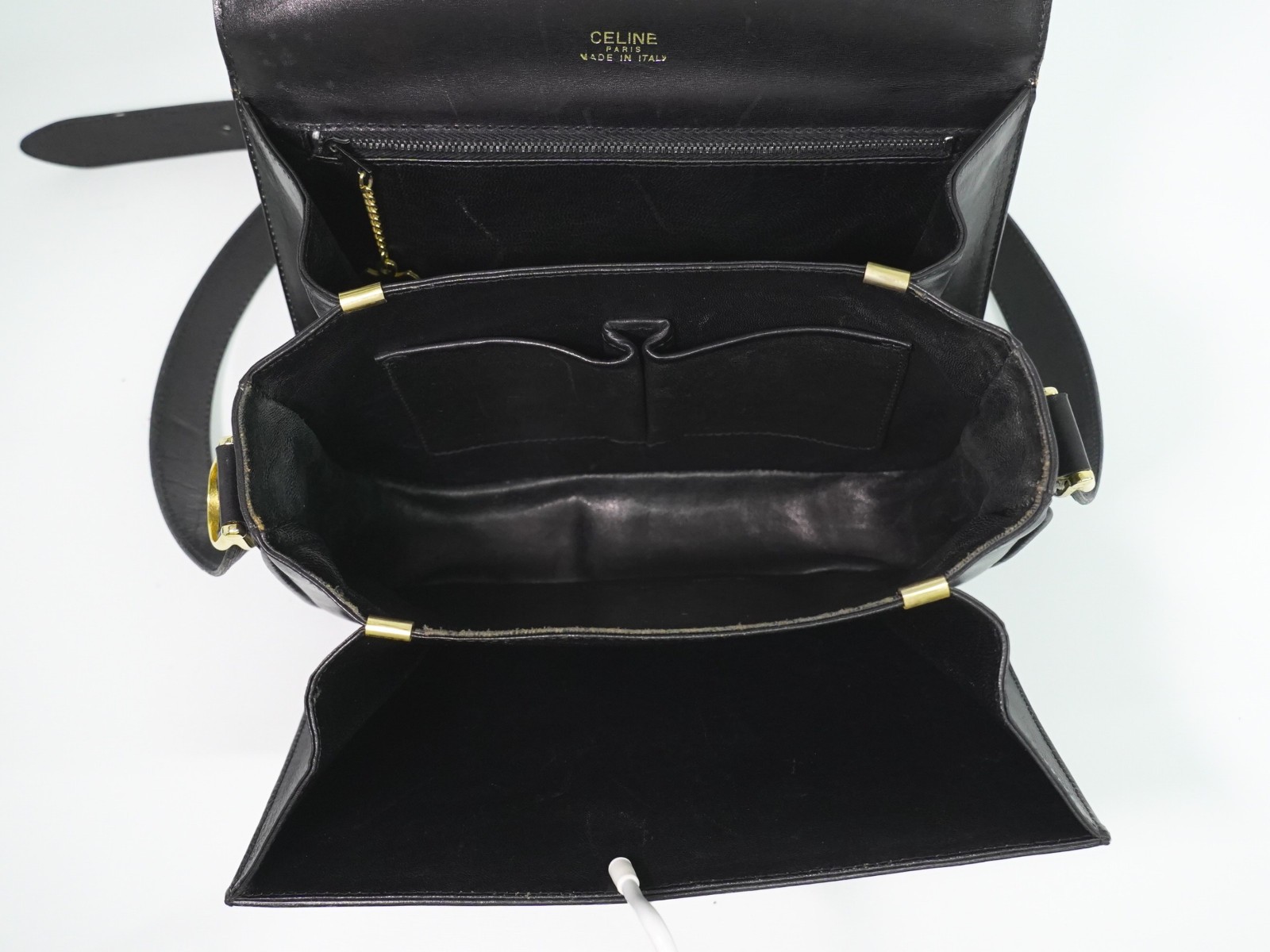 CELINE Horse Carriage Hardware Leather Shoulder Bag Black Gold