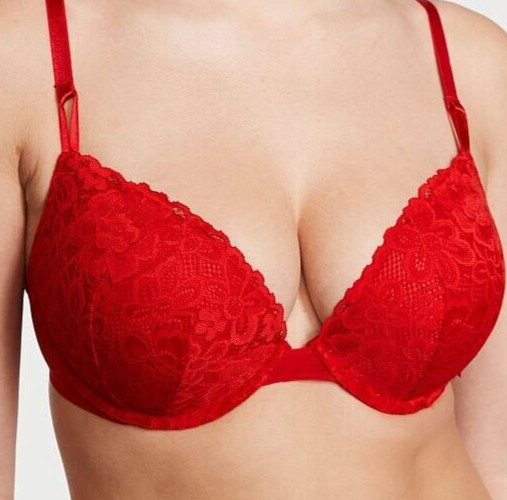 38D Red FLORAL LACE w Mesh Wings Extreme Lift Victorias Secret Plunge PU UW Bra