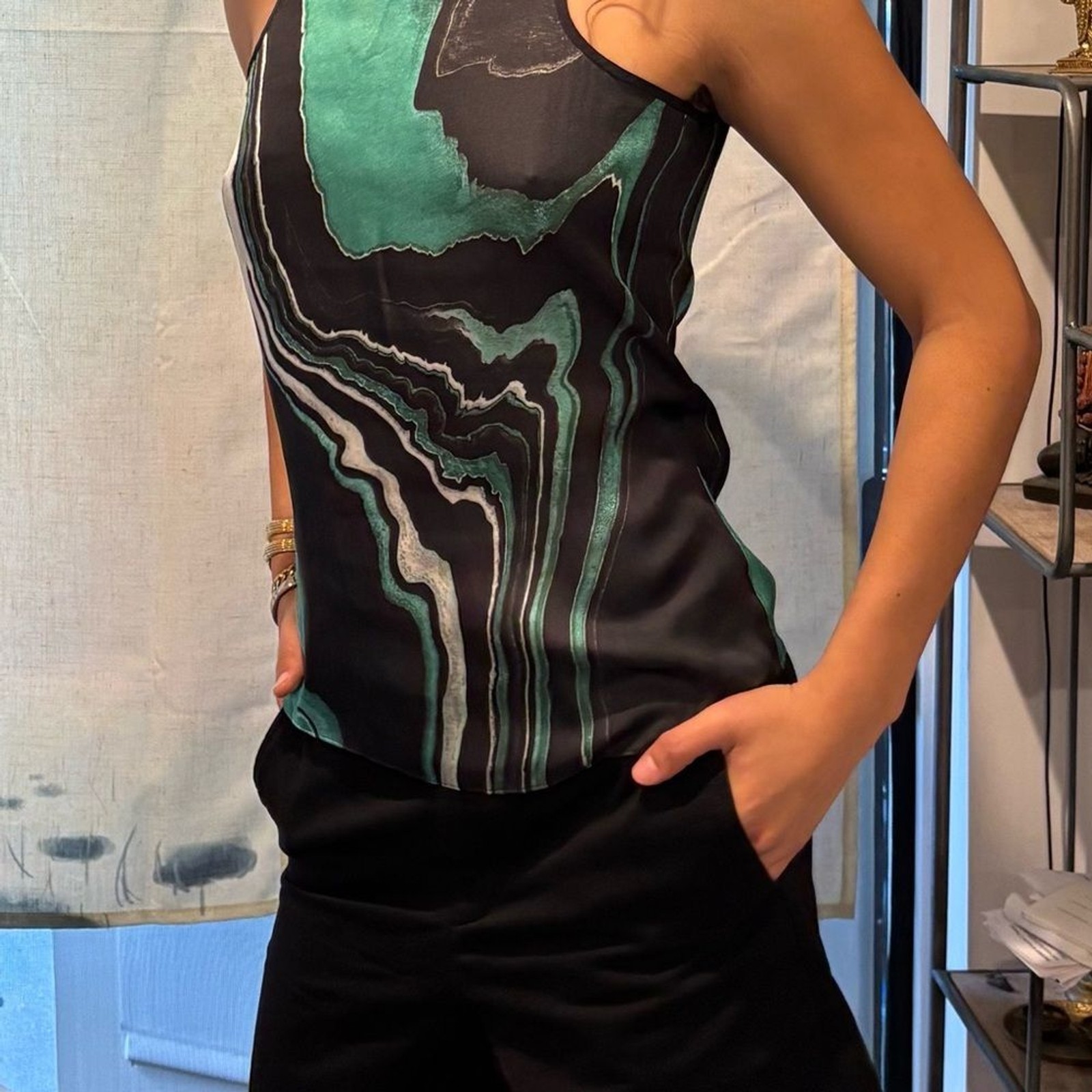 The Kooples Teal and Black Wave Pattern Tank Top Printed Marble