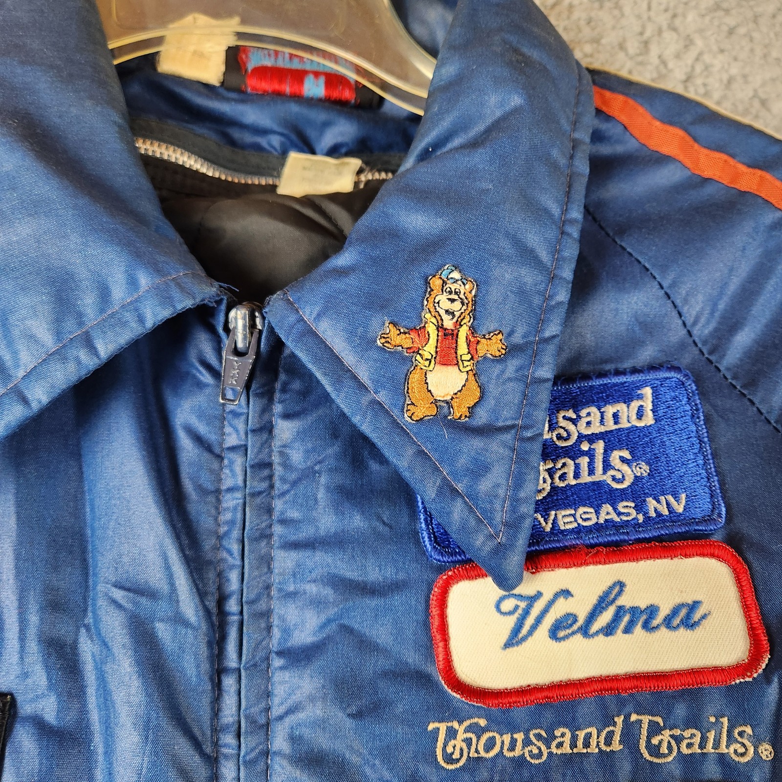 Vtg 70s 80s Blue Nylon Bomber Jacket M Thousand Trails Yogi Bear Patches RV
