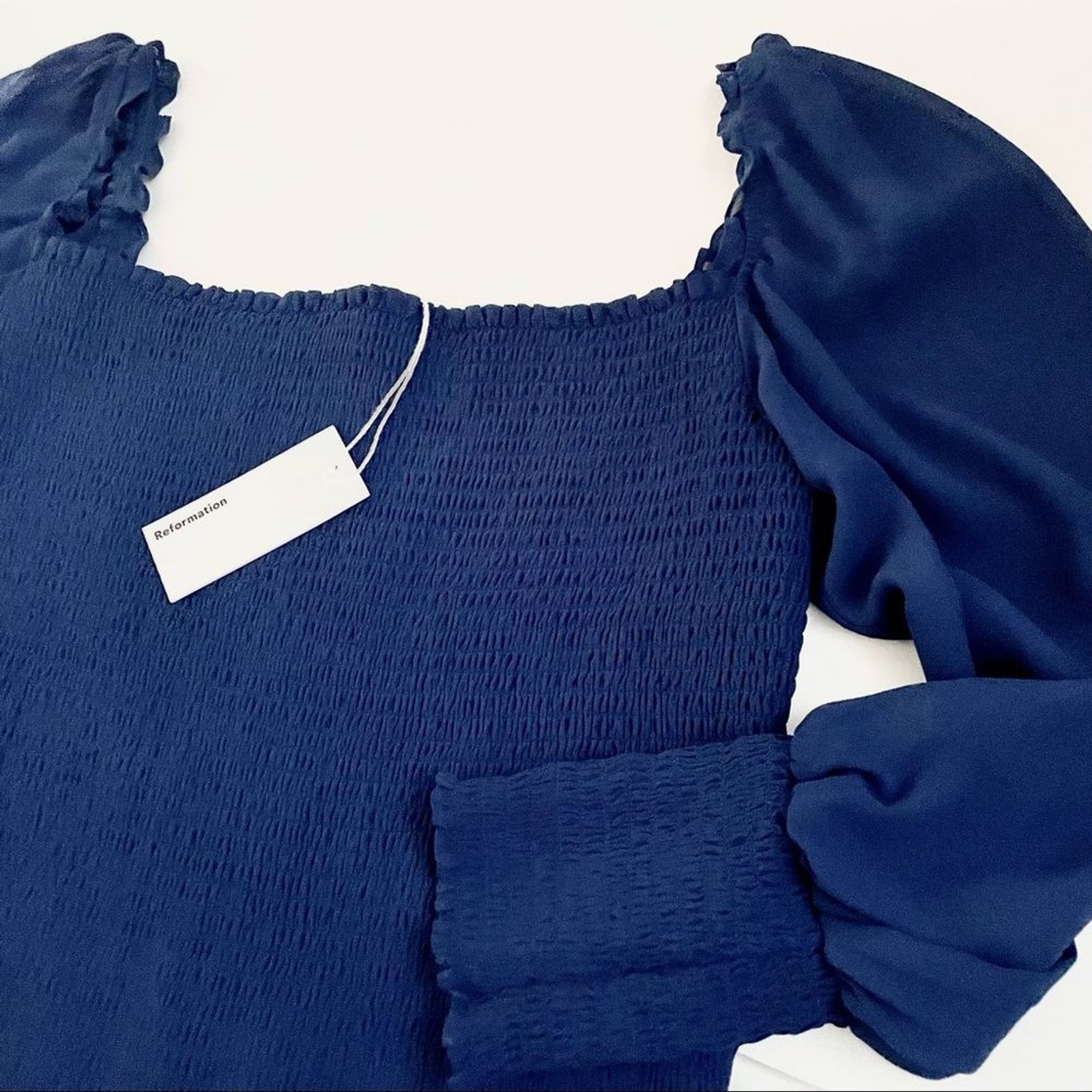 Reformation NWT $148 1X Pinto Smocked Long Puff Sleeves Top Es in Caspian Blue