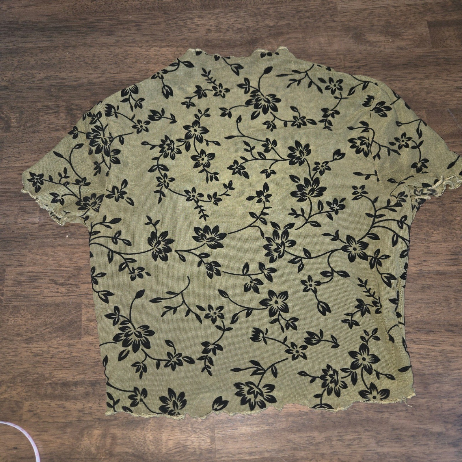 Olive Green Floral Mesh Mock Neck Top with Black Camisole Y2K Fairycore Grunge