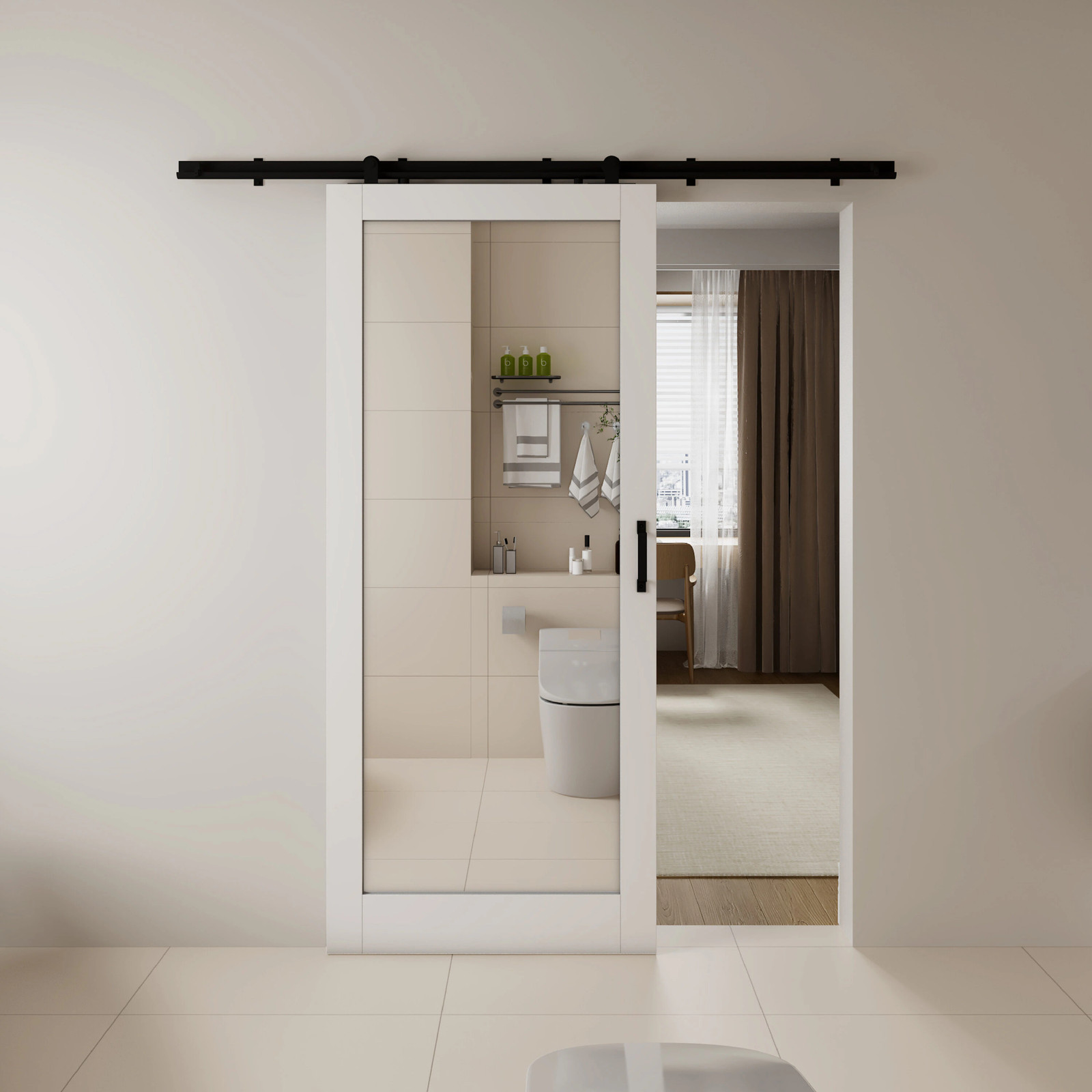 RELIABILT 36-in x 84-in White Mirrored glass MDF Solid core Single Barn Do|26948