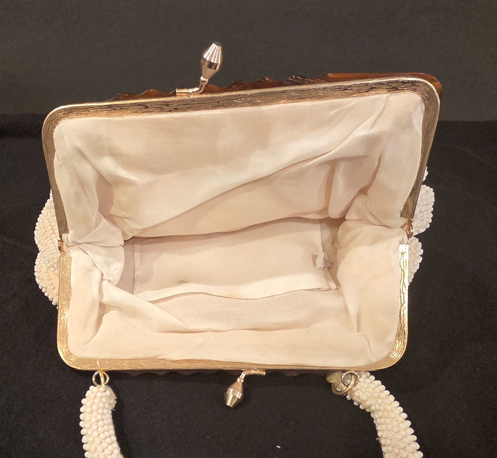 Vintage 1960s Milk Glass Beaded Handbag with Tortoiseshell Lucite Top Frame