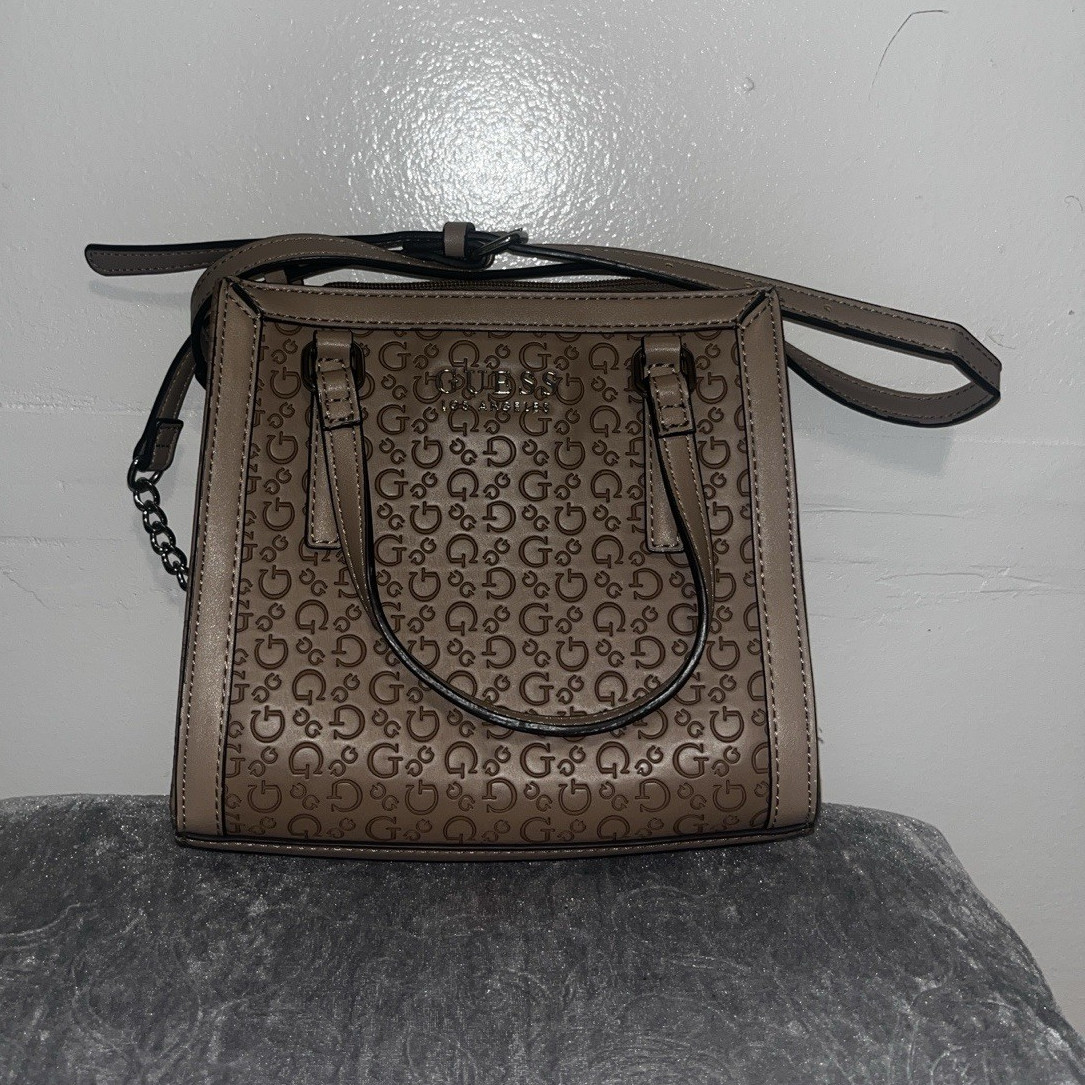 GUESS Brown Logo Print Zip Crossbody Bag w/ Adjustable Detachable Strap