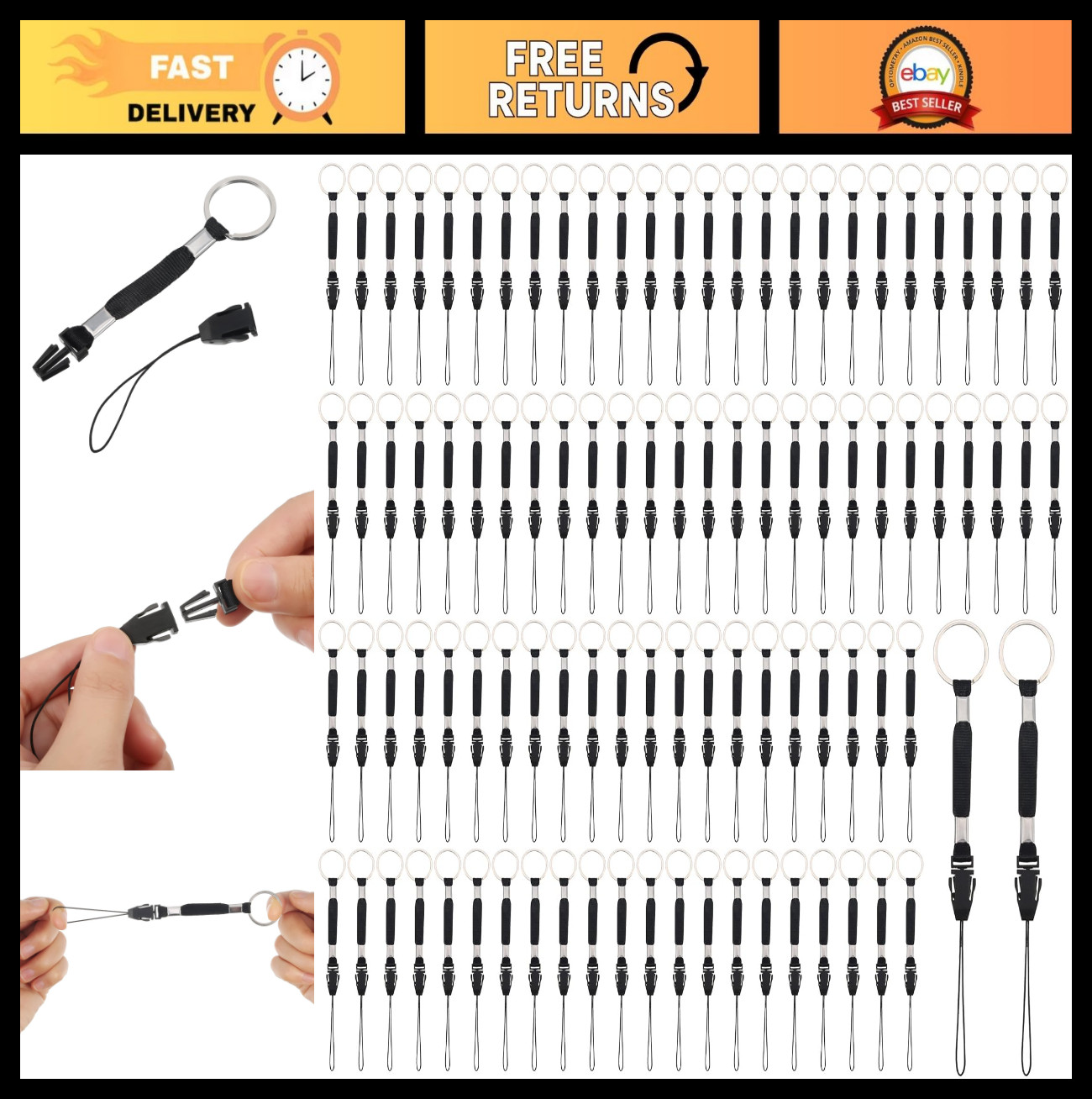 200 Pcs Black Nylon Detachable Lanyard Strap for USB, ID Card, Keychain, MP3/MP4