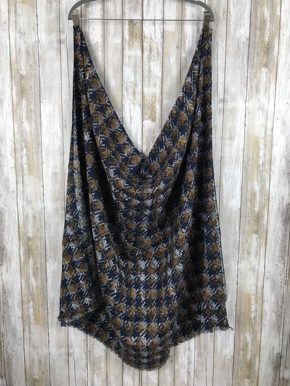 Koan Navy Blue Tan Brown Print Scarf Large Wrap 41×71 NEW