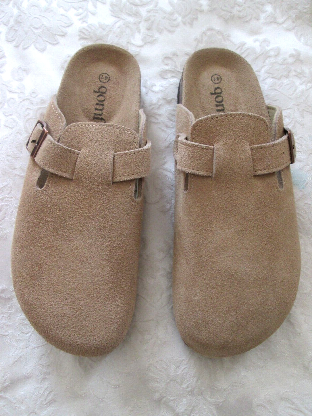 GOMFORT LT TAN/BEIGE SUEDE 41 SLIP-ON CLOGS CORK HEEL BUCKLE UPPER NEW
