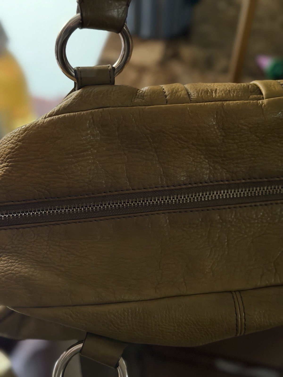 B. Makowsky Olive Green Pebbled Satchel Top Handle Zip Silver Detach Strap