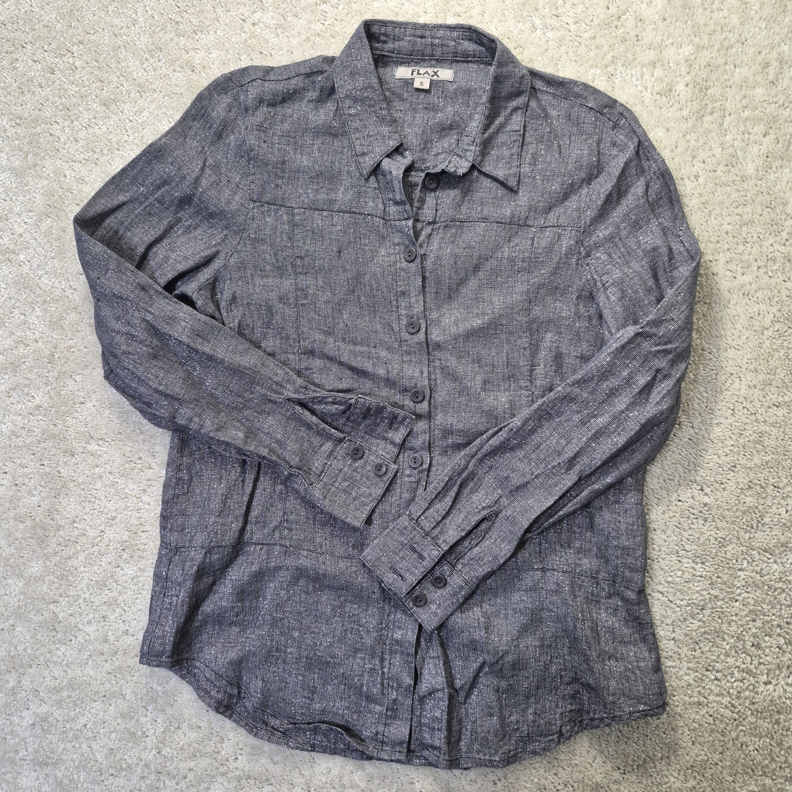 Flax Linen Top Womens Small Gray Metallic Silver Button Up Disco Beach 70s Mom