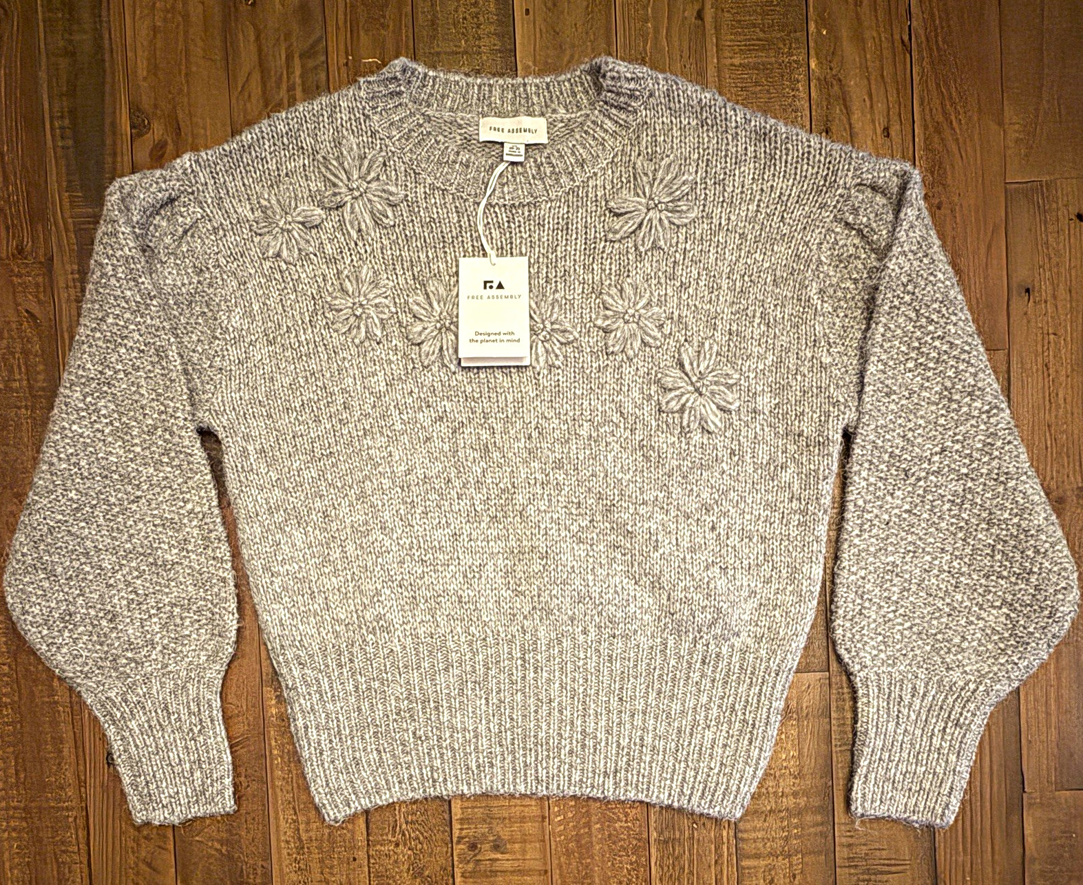 Free Assembly Floral Embroidered Gray Sweater XS NWT 86% Recycled Polyester