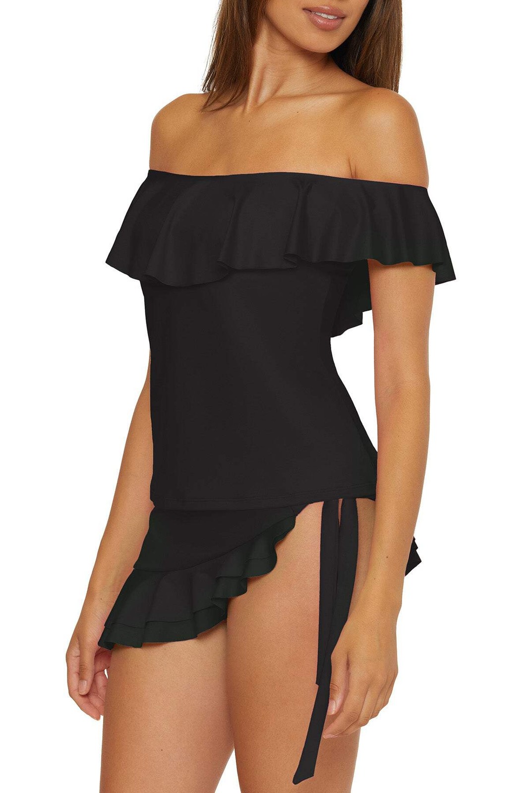 Trina Turk Monaco Ruffle Off Shoulder Tankini Top Womens Swimwear Multi Color