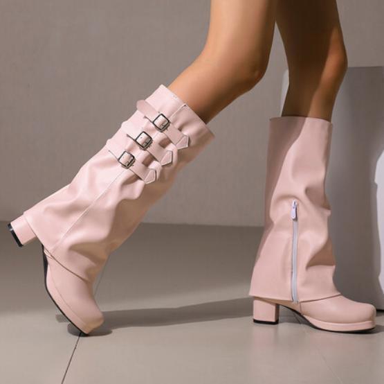 Women’s Block Heel Knee High Boots Knight Shoes Buckle Platform Side Zip Retro
