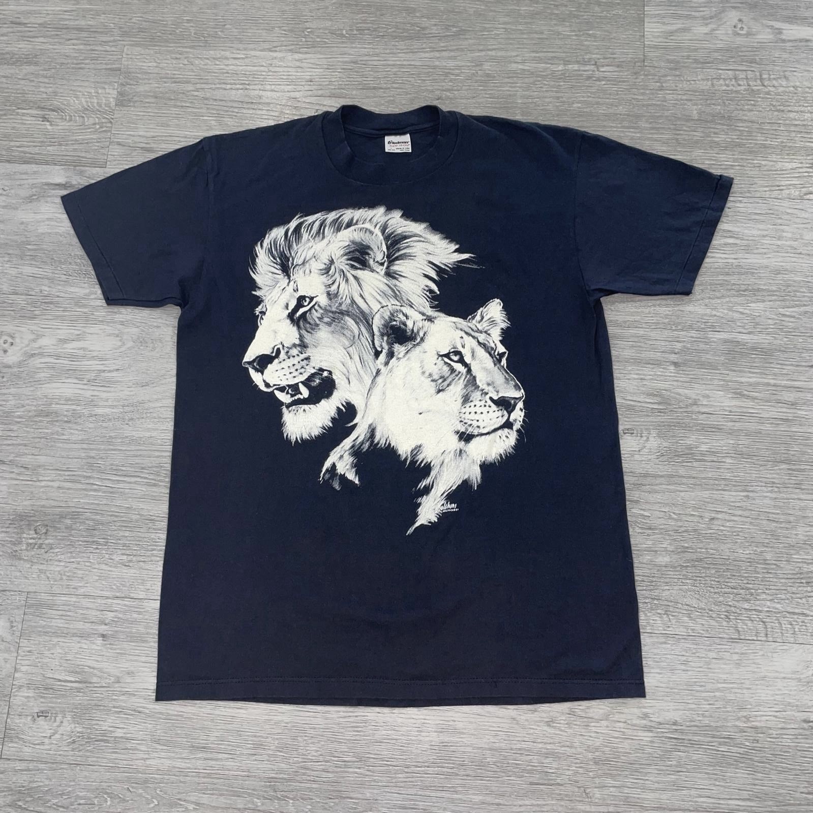 Vintage Lion Lioness Print Harlequin Retro 80s Black T Shirt L Single Stitch