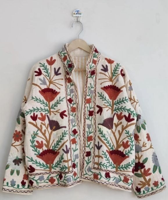 Handmade Embroidered Suzani Jacket Cream Bohemian Floral Ethnic Coat