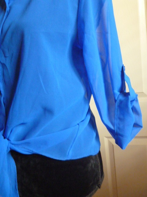 WET SEAL Royal Blue L Polyester Lace Yoke Buttons Tab Up Sleeves Casual Work