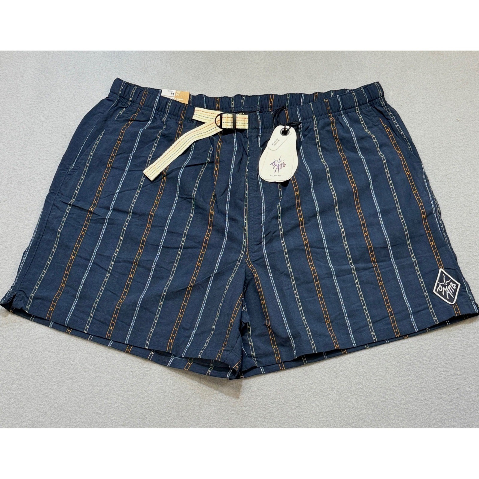 PRANA Indio Heritage Short Mens M Stormy Night Striped Belted Hiking 4.5″ Inseam
