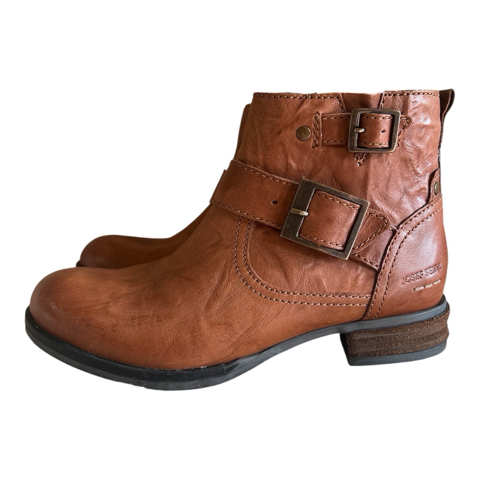 Josef Seibel Sanja 16 Buckle Leather Cognac/Brown Ankle Booties EU36, 37, 40 NEW
