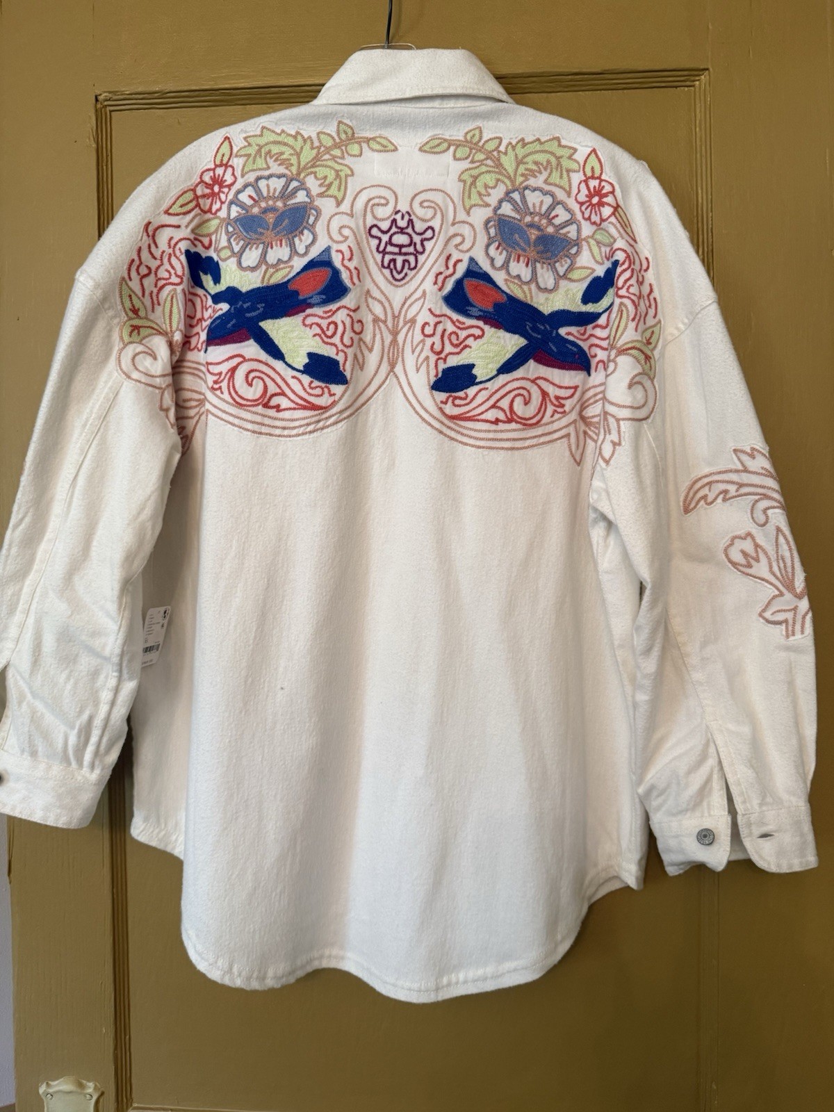 We The Free White Embroidered Bird Cotton Denim Collared Shacket Pockets XS