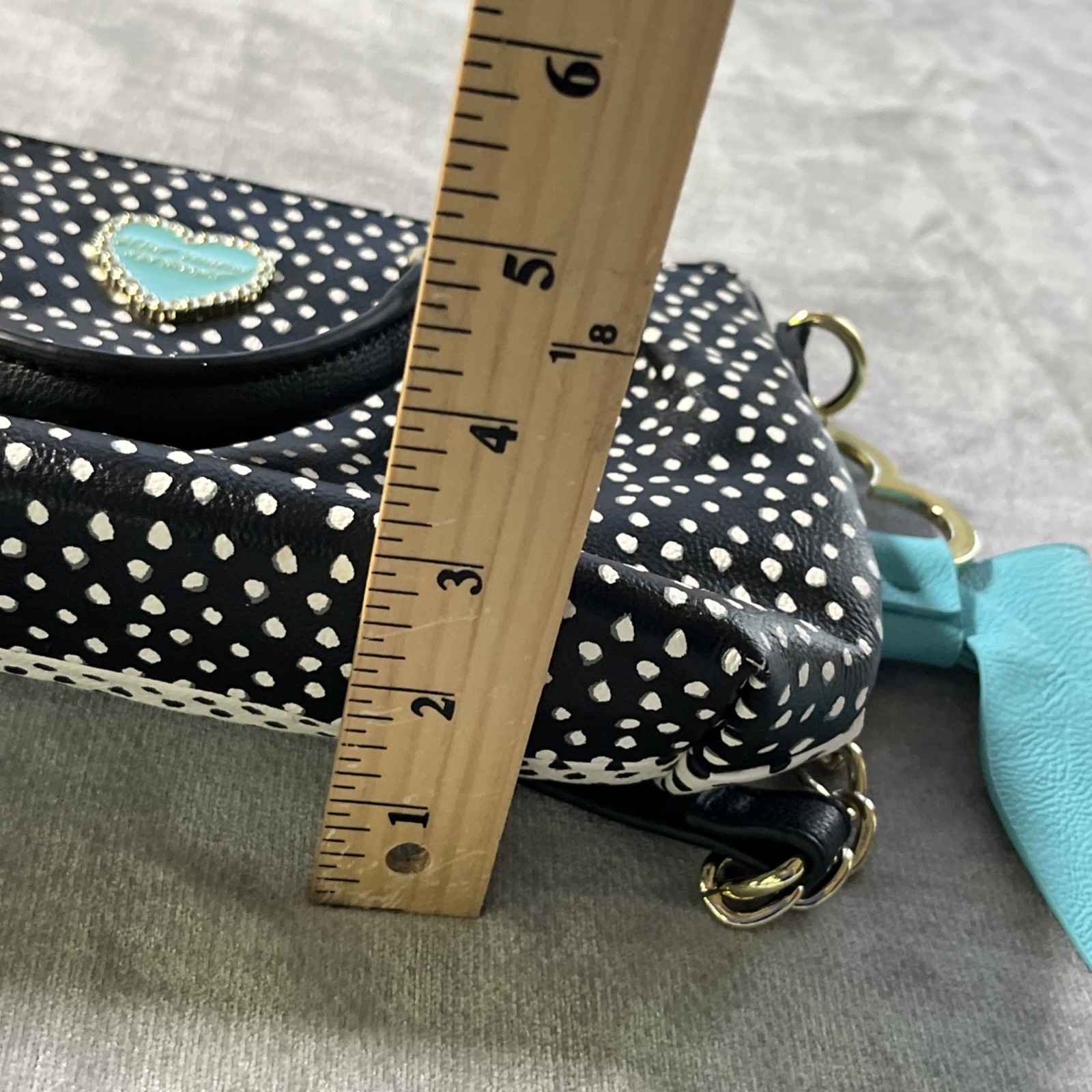 Betsey Johnson Polka Dot Shoulder Bag Purse Black & White Turquoise Bow Charm