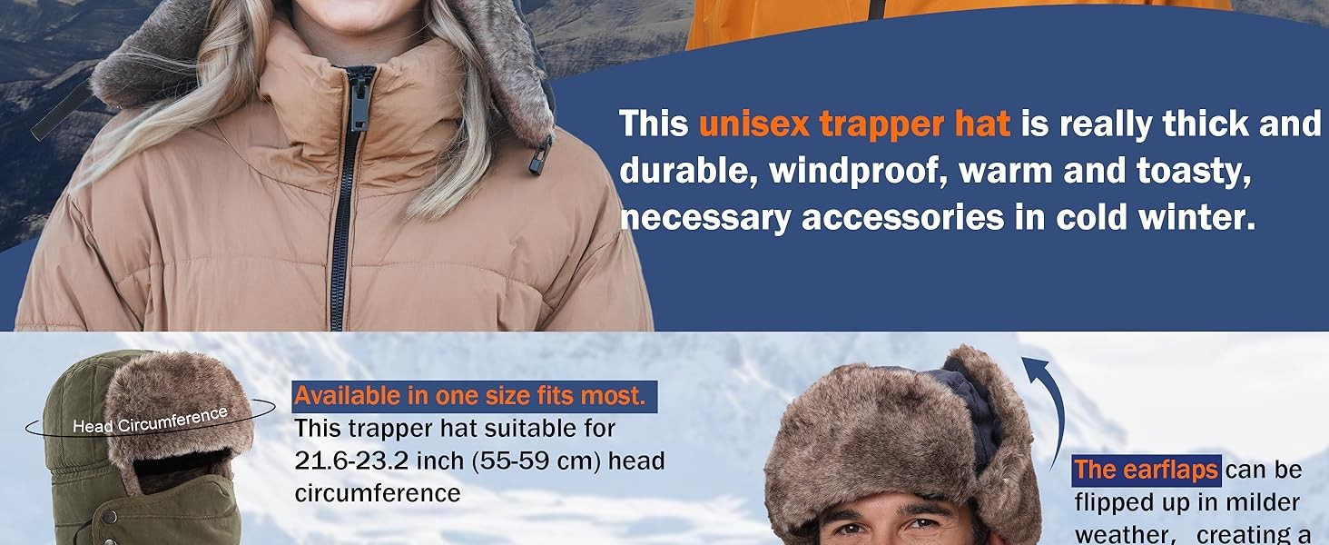 Winter Ski Hat with Ear Flap Removable Face Mask Windproof Faux Fur Hunting Hat