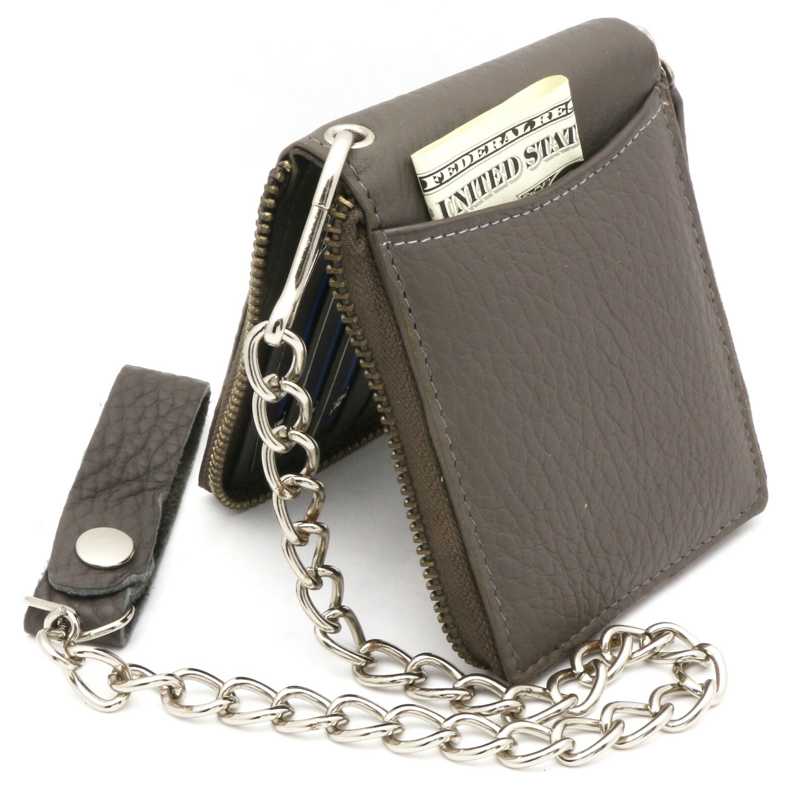Bifold Gray Genuine Leather Scale Texture Zip-Around Wallet with a Chain