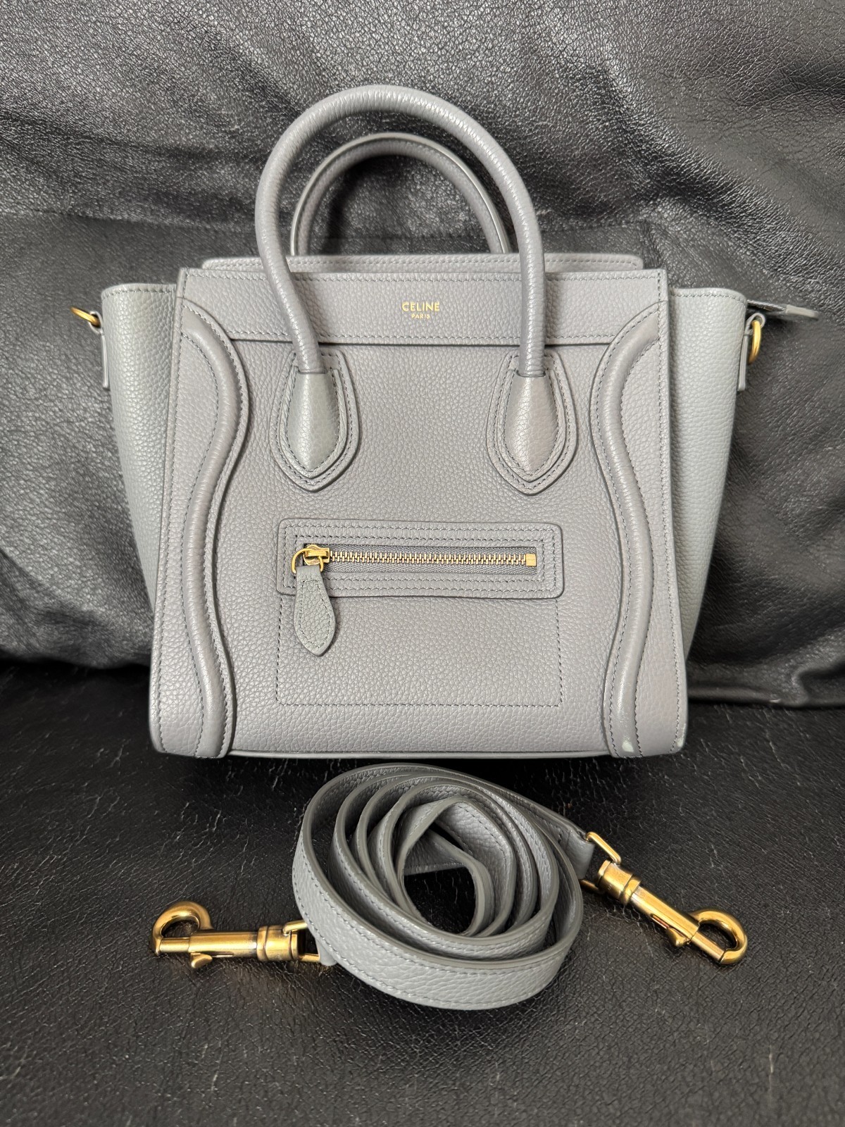 CELINE Luggage Nano Shopper Shoulder Bag Purse Handbag Calf Leather Grey Gold HW