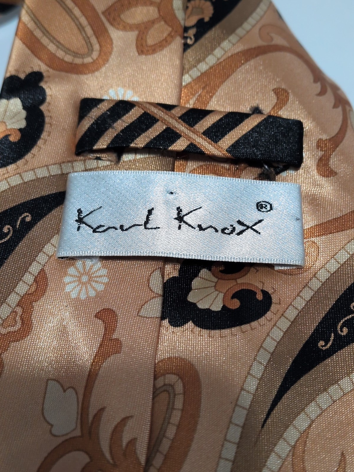Karl Knox Orange Tan Black Paisley Abstract Necktie 4×60″ Retro Design VINTAGE