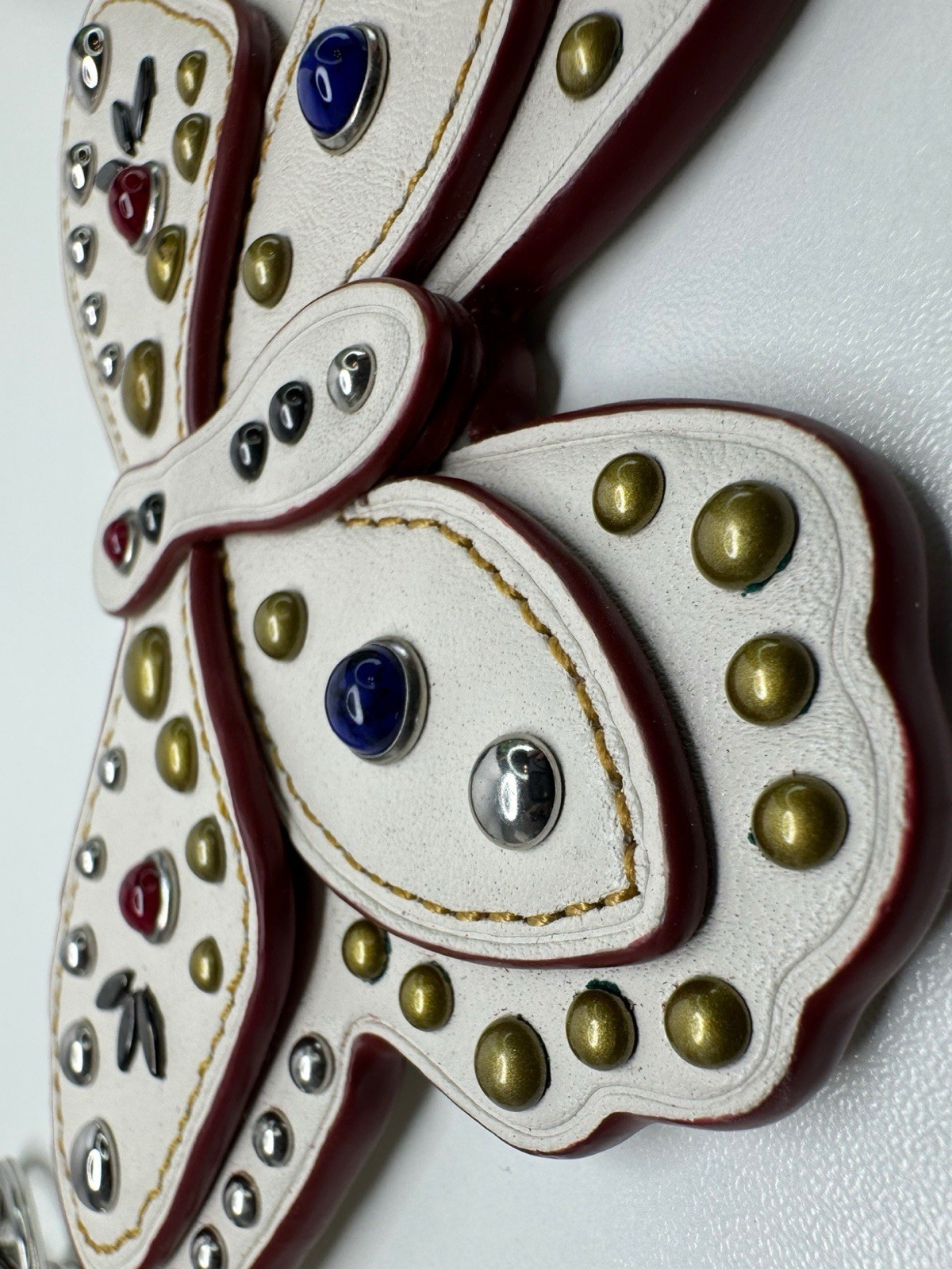 Coach Butterfly Large Leather Chalk White Colored Stone Metal Rivets Keychain