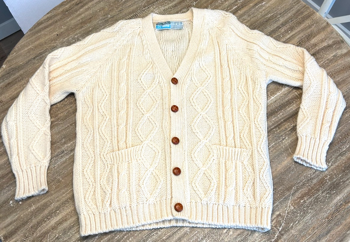 Vintage John Molloy Irish Wool Cable Knit Cardigan Sweater Made in Ireland sz L