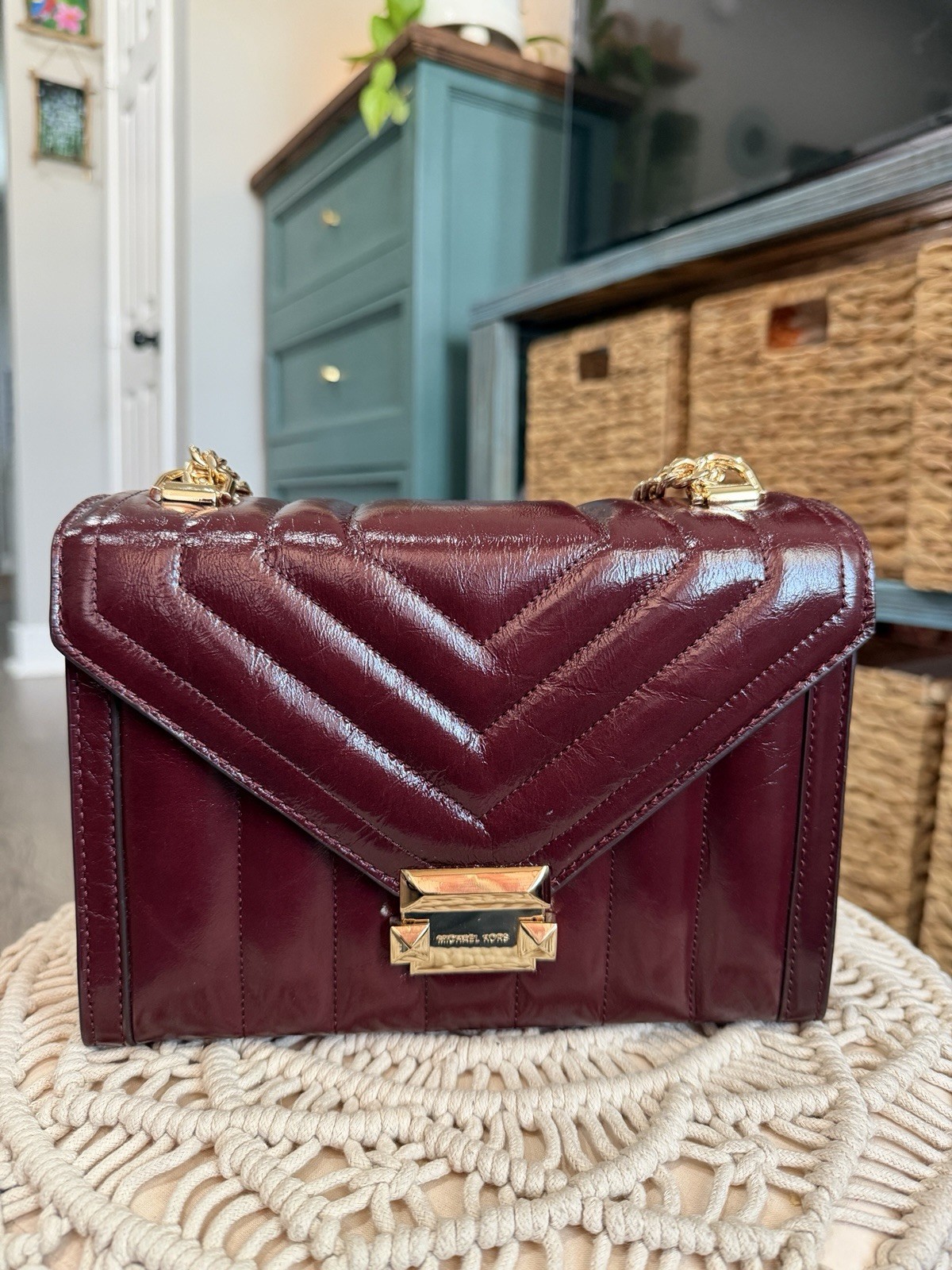 MICHAEL KORS WHITNEY MEDIUM CHAIN SHOULDER TOTE BAG QUILTED STRIPE OXBLOOD