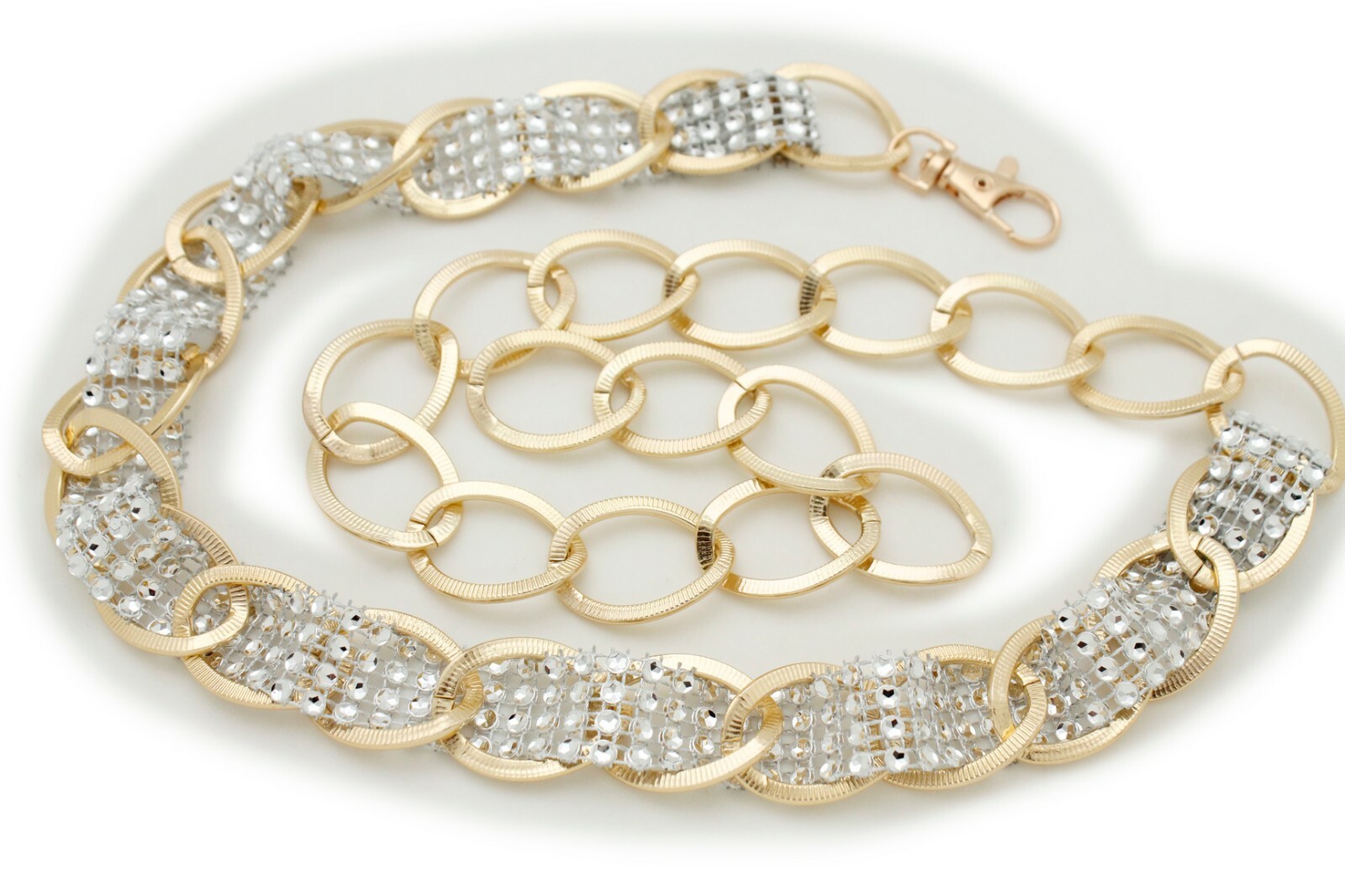 Women Gold Color Metal Chain Fashion Belt Silver Mesh Fabric Bling Beads XS S M