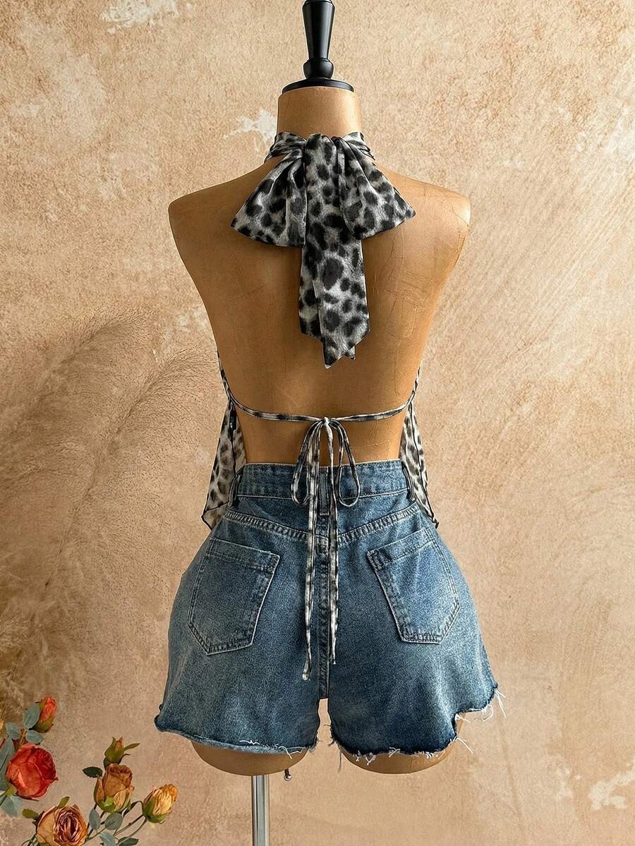 Leopard Print Halter Neck Top Backless Asymmetrical Boho Vacation Beach Blouse
