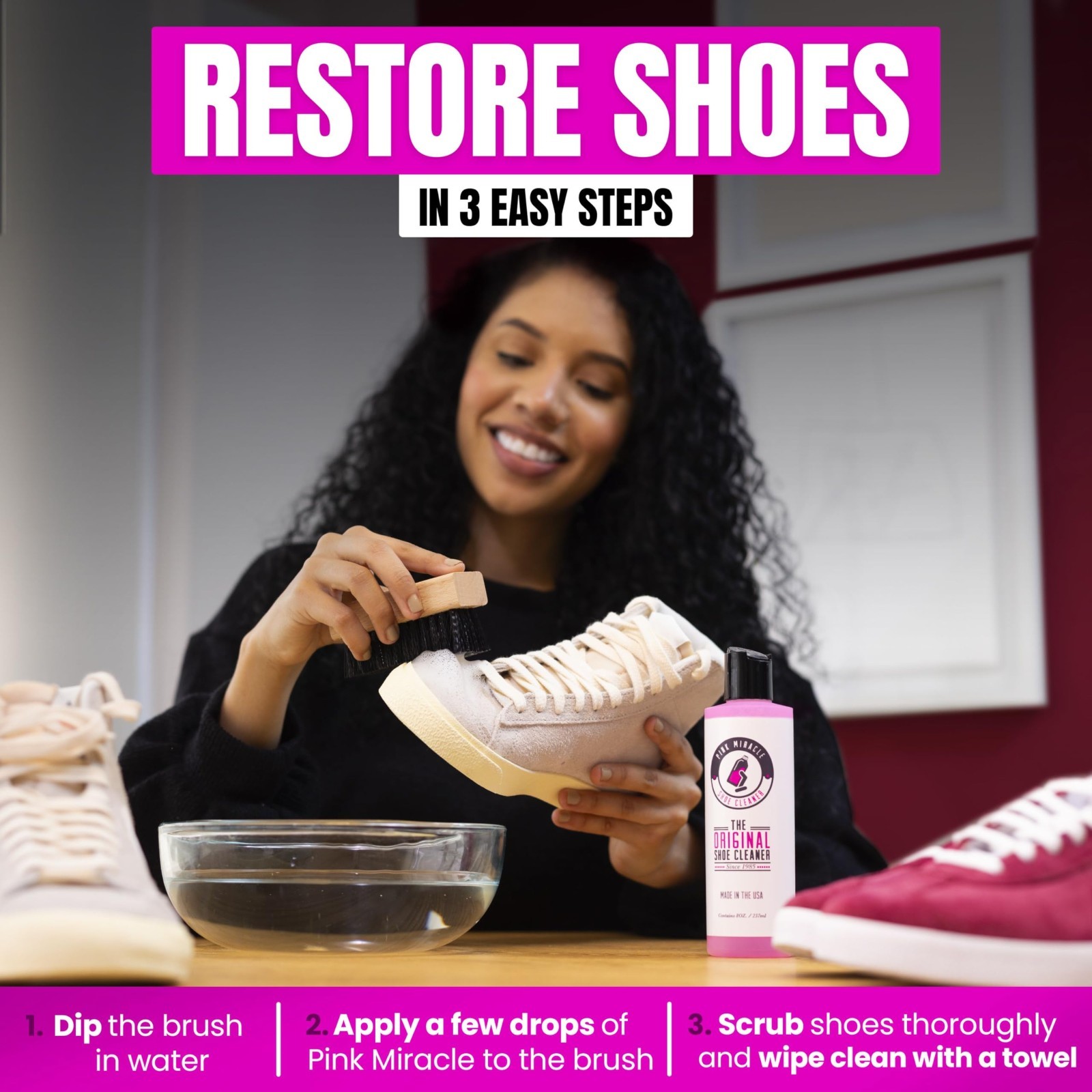 Ultimate Pink Shoe Cleaner Kit – Brush & Bottle for Fabric, Leather, Suede Sneak