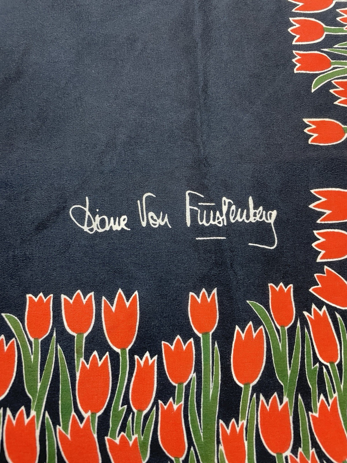 Diane Von Furstenburg Silk Scarf Black W/ Red Tulips Border *read