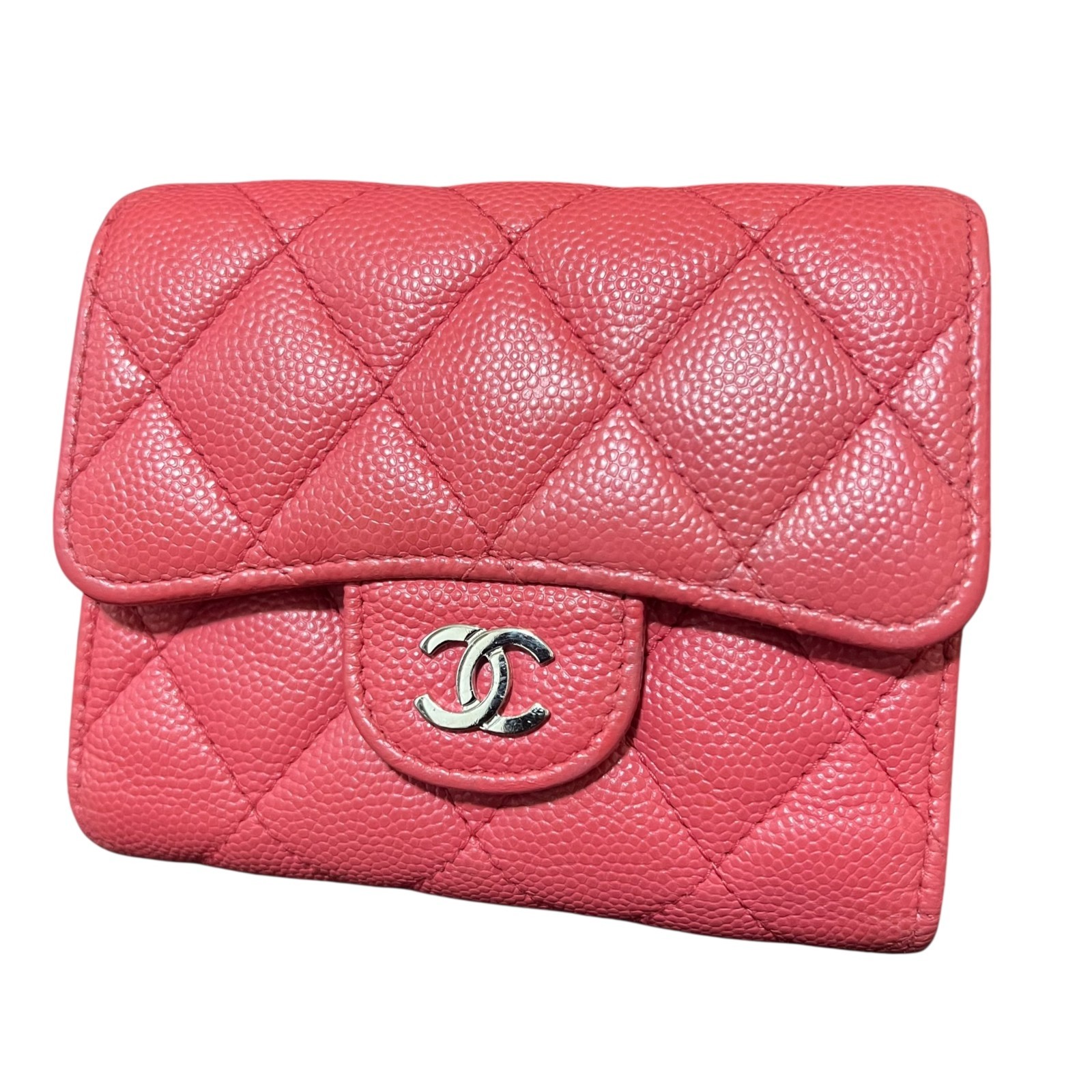 CHANEL Pink Caviar Skin Matelasse CC Logo Flap Tri-fold Small Flap Wallet