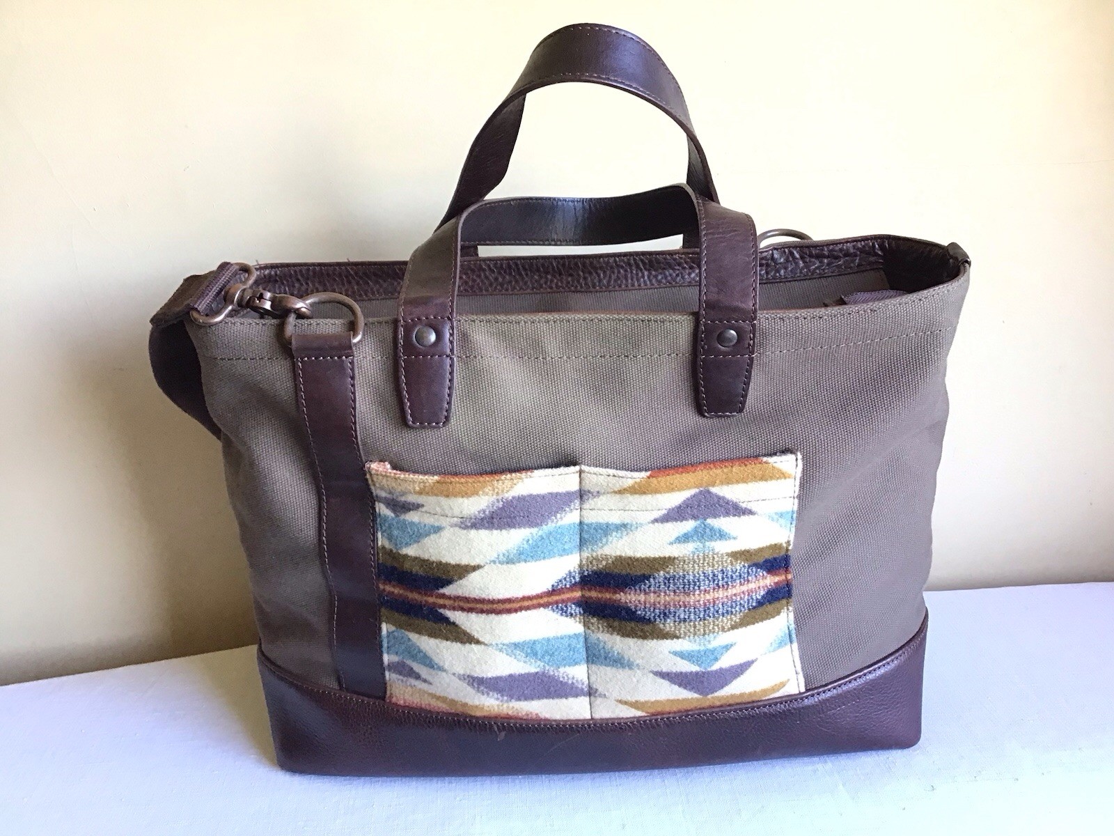 Pendleton Wyeth Trail Brown Western Aztec Canvas Leather Weekender Duffle Tote