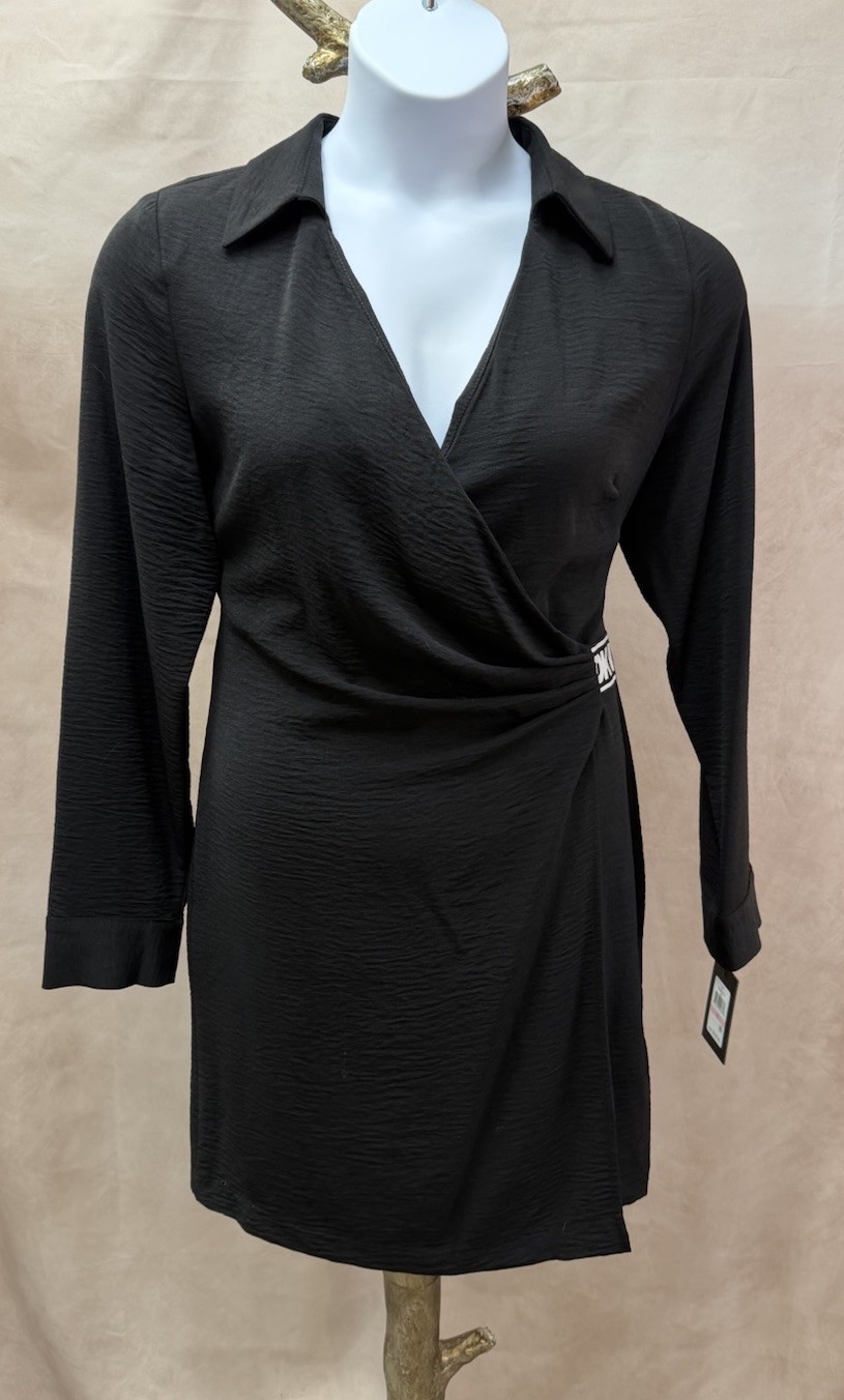 NWT DKNY Black Collared Faux Wrap Dress w/Logo Size 10