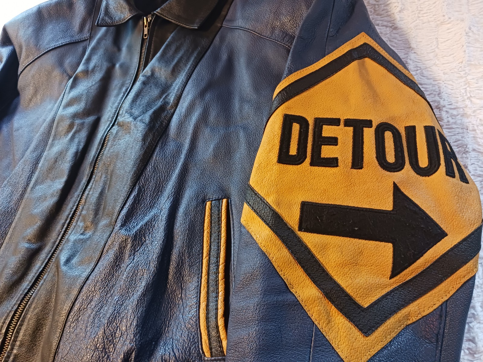 Vintage Phase 2 Detour Road Work Sign Leather Jacket Men’s XL 1980s Black/Blue