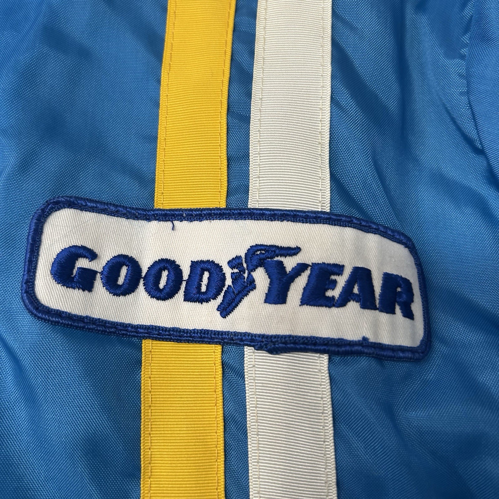 VTG 70s Good Year Tires Racing Jacket Size M USA Made Blue Nylon Quilt Lined