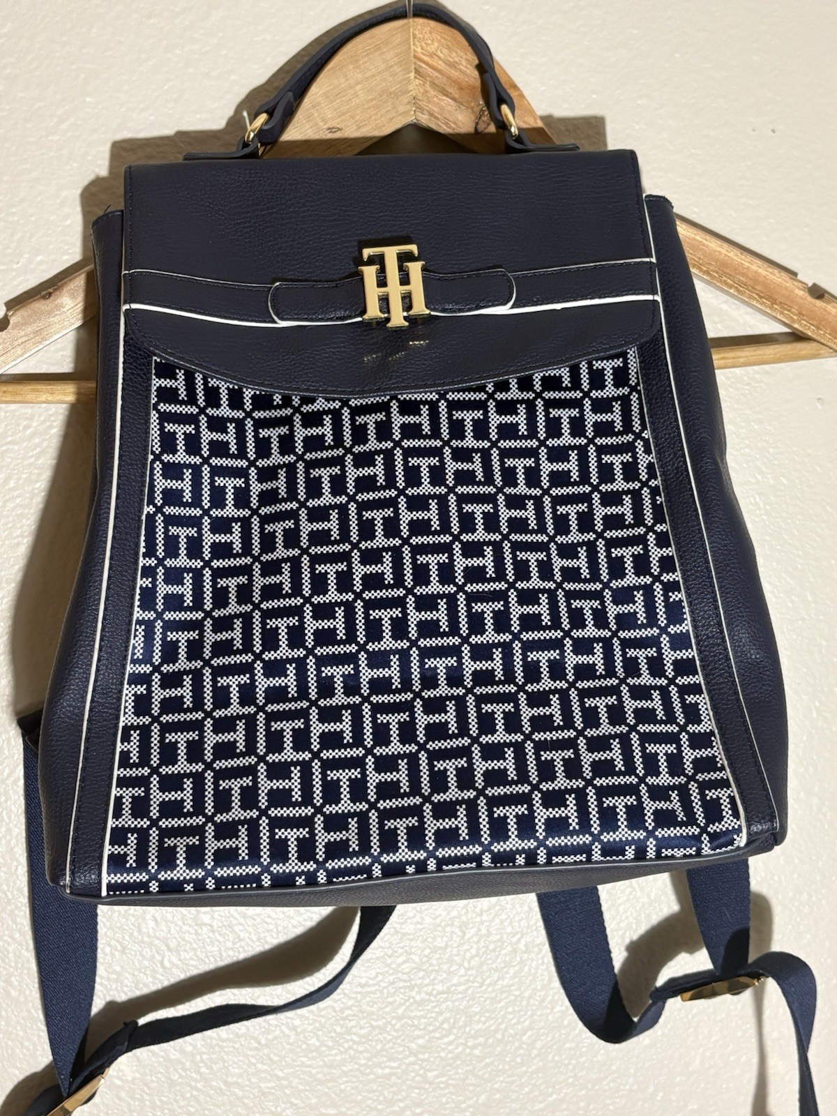 Tommy Hilfiger Navy/White Monogram Backpack Gold Logo Buckle Snap, Top Handle