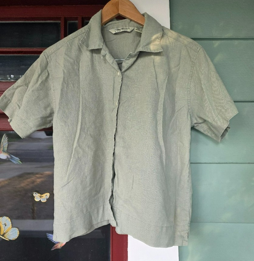 Vintage Eddie Bauer Linen Cotton Camp Shirt Sage Green Button Up Women’s M Y2K