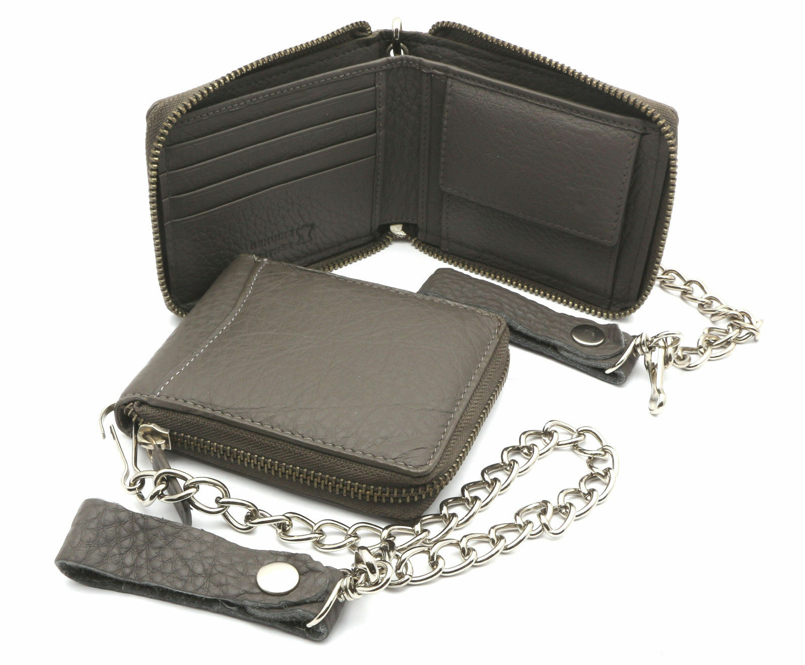 Bifold Gray Genuine Leather Scale Texture Zip-Around Wallet with a Chain