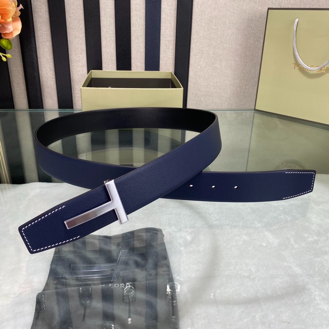 Tom Ford Mens Black/Blue Reversible Leather Belt Simple T Buckle