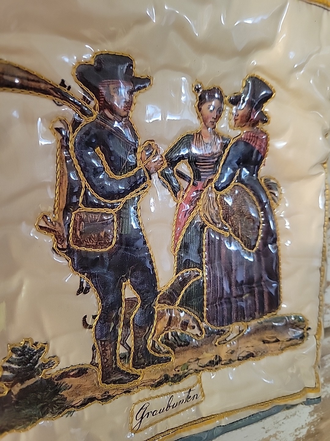 Vtg VIEUX CARRE PURSE Snap New Orleans Colonial Themed Fabric Plastic Covered